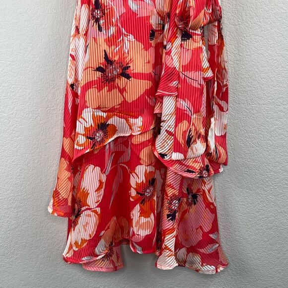 Tahari ASL Ruffle Hem Tie Waist V-Neck Short Sleeve Pink Floral Mini Dress 2 NWT - Picture 6 of 16